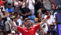 epa11052992 Novak Djokovic of Serbia celebrates after winning against Jiri Lehecka of the Czech Republic during their group stage match of the 2024 United Cup at RAC Arena in Perth, Australia, 02 January 2024.  EPA/RICHARD WAINWRIGHT  AUSTRALIA AND NEW ZEALAND OUT