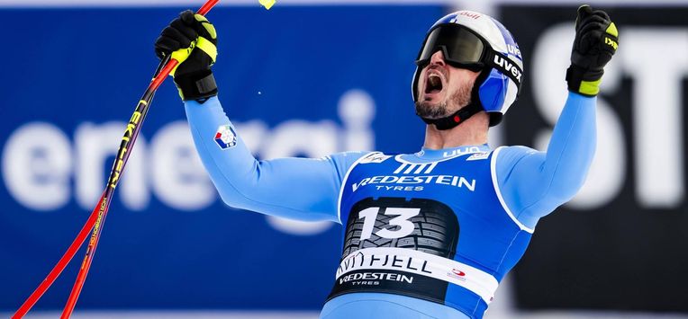 epa12838160 Dominik Paris of Italy reacts in the finish area during the men's Downhill race at the FIS Alpine Skiing World Cup Finals in Kvitfjell, Norway, 21 March 2026.  EPA/JEAN-CHRISTOPHE BOTT