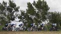 Team Israel Premier Tech 's riders compete during the fifth stage of La Vuelta a Espana cycling tour, a 24.1 km time-trial team race in Figueres, on August 27, 2025.   
Josep LAGO / AFP