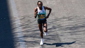 Kenyan distance runner Hellen Obiri approaches the finish line during the 129th Boston Marathon on April 21, 2025, in Boston, Massachusetts.  The marathon includes around 30,000 athletes from 129 countries running the 26.2 miles from Hopkinton to Boston, Massachusetts.  The event is the world's oldest annually run marathon. 
Joseph Prezioso / AFP