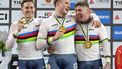 (L-R) Gold medalists Netherlands' Harrie Lavreysen, Jeffrey Hoogland and Roy van den Berg celebrate on the podium after winning the men's team sprint final during the 2026 UCI Track World Championships at the Shanghai Velodrome in Shanghai on October 14, 2026. 
STR / AFP