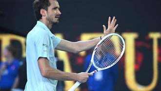 epa11823148 Daniil Medvedev of Russia celebrates after winning his round 1 match against Kasidit Samrej of Thailand at the Australian Open tennis tournament in Melbourne, Australia, 14 January 2025.  EPA/JOEL CARRETT  AUSTRALIA AND NEW ZEALAND OUT