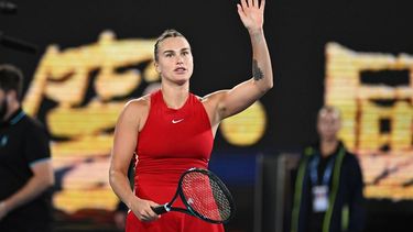 epa11076146 Aryna Sabalenka of Belarus celebrates her first round win against Germany's Ella Seidel on Day 1 of the 2024 Australian Open at Melbourne Park in Melbourne, Australia, 14 January 2024.  EPA/LUKAS COCH AUSTRALIA AND NEW ZEALAND OUT