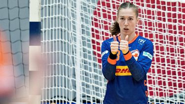 Netherlands' goalkeeper #38 Yara ten Holte reacts during the preliminary round Group H match between the Netherlands and Argentina of the IHF World Women's Handball Championship in Frederikshavn, Denmark on November 30, 2023. 
Henning Bagger / Ritzau Scanpix / AFP
