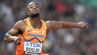2023-08-19 20:01:21 Netherlands' Raphael Bouju celebrates as he crosses the finish line in the men's 100m heats during the World Athletics Championships at the National Athletics Centre in Budapest on August 19, 2023. 
Jewel SAMAD / AFP