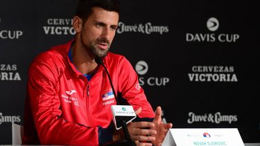 2023-09-14 14:00:47 Serbia's Novak Djokovic holds a press conference during the finals group stage of the 2023 Davis Cup tennis tournament at the Fuente San Luis Sports Hall in Valencia on September 14, 2023. 
JOSE JORDAN / AFP
