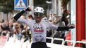 epa11251701 US rider Brandon McNulty of UAE Emirates team celebrates his victory in the Miguel Indurain-Laboral Kutxa 2024 one-day cycling race in Estella, Spain, 30 March 2024.  EPA/Villar Lopez