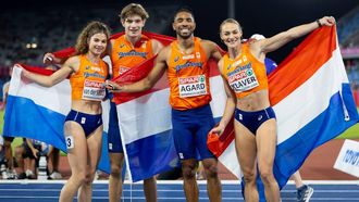 BIRMINGHAM - Terrence Agard, Lieke Klaver, Jonas Phijffers en Myrte van der Schoot tijdens de finale 4x400 mixed relay op de EK atletiek. Het is voor het eerst dat de Europese Kampioenschappen georganiseerd worden in Groot-Brittannië. IRIS VAN DEN BROEK / ANP