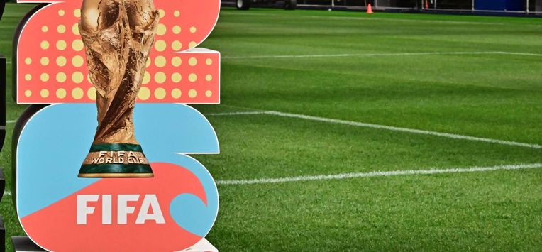 The official logo for Los Angeles as host of a number of matches for the 2026 World Cup as the new test pitch at Sofi Stadium is revealed to the media in Inglewood, California on March 13, 2025. The pitch will be used for the upcoming Concacaf Nations League semifinals on March 20 when the US play Panama and Canada plays Mexico. 
Frederic J. BROWN / AFP