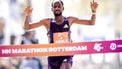 ROTTERDAM - Guye Idemo Adola (ETH) viert zijn overwinning op de finish van de 45e editie van de Marathon van Rotterdam. De wedstrijd geldt tevens als Nederlands kampioenschap. ROBIN VAN LONKHUIJSEN / ANP