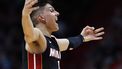 epa07970725 Miami Heat guard Tyler Herro celebrates a three point basket during the NBA basketball game between the Miami Heat and the Houston Rockets at the AmericanAirlines Arena in Miami, Florida, USA 03 November 2019.  EPA/RHONA WISE  SHUTTERSTOCK OUT