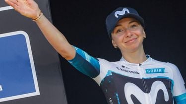 epa12014320 Third placed German rider Liane Lippert of Movistar Team celebrates on podium the Tour of Flanders one-day cycling race for Elite Women over 168,8 km from Oudenaarde to Oudenaarde, Belgium, 06 April 2025.  EPA/OLIVIER MATTHYS