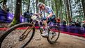 epa11464629 Puck Pieterse from The Netherlands, 1st, in action during MTB Cross Country Elite Women, XCO, WHOOP UCI Mountain Bike World Series, in Les Gets, France, 07July 2024.  EPA/MAXIME SCHMID