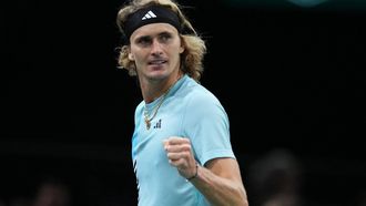 2023-11-02 16:36:07 Germany's Alexander Zverev reacts after a point during his men's singles match against Greece's Stefanos Tsitsipas on day four of the Paris ATP Masters 1000 tennis tournament at the Accor Arena - Palais Omnisports de Paris-Bercy - in Paris on November 2, 2023. 
Dimitar DILKOFF / AFP