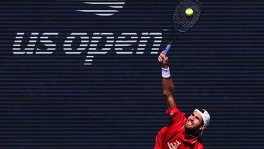 Russia's Karen Khachanov serves to Canada's Felix Auger-Aliassime during their men's singles second round tennis match on day five of the US Open tennis tournament at the USTA Billie Jean King National Tennis Center in New York City on September 3, 2026. 
TIMOTHY A. CLARY / AFP