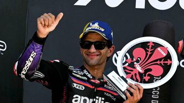 Second placed Team Aprilia Racing's Jorge Martin celebrates on the podium after the Italian Moto GP Grand Prix at Mugello circuit, in Mugello, near Florence, on May 31, 2026. 
Andreas SOLARO / AFP