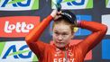 epa12049523 First placed Dutch rider Puck Pieterse of team Fenix-Deceuninck poses on the podium for the La Fleche Wallonne one-day cycling classic race for Elite Women over 140,7 km from Huy to Huy, Belgium, 23 April 2025.  EPA/OLIVIER MATTHYS