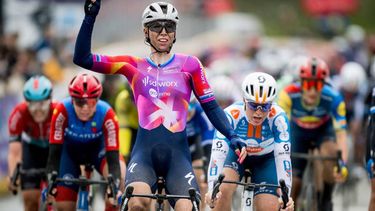 Dutch Lorena Wiebes of SD Worx - Protime crosses the finish line to win the women's race of the Scheldeprijs one-day cycling, 130,5 km from Schoten to Schoten, in Schoten, on April 3, 2024. 
JASPER JACOBS / Belga / AFP