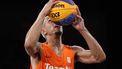 Netherlands' #54 Worthy de Jong jumps to shoot in the men's 3x3 basketball gold medal game between France and the Netherlands during the Paris 2024 Olympic Games at La Concorde in Paris on August 5, 2024. 
David GRAY / AFP