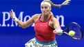 Czech Republic's Petra Kvitova plays a forehand return against Denmark's Caroline Wozniacki during the US Open tennis tournament women's singles second round match at the USTA Billie Jean King National Tennis Center in New York City, on August 30, 2023. 
COREY SIPKIN / AFP