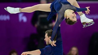 Netherland’s Daria Danilova and Michel Tsiba perform during the pairs' free skating program of the ISU European Figure Skating Championships 2024 in the Zalgiris Arena in Kaunas, Lithuania, on January 11, 2024. 
Daniel MIHAILESCU / AFP