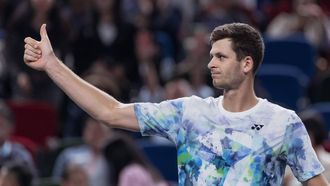 2023-10-14 17:55:54 epa10918405 Hubert Hurkacz of Poland reacts after winning the semi final match against Sebastian Korda of the USA at the Shanghai Masters tennis tournament, Shanghai, China, 14 October 2023.  EPA/ALEX PLAVEVSKI