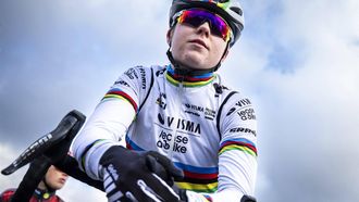 Dutch Fem Van Empel looks prior to the start of the women's elite race at the Vlaamse Duinencross cycling event, stage 6 (out of 8) of the X2O Trofee cyclocross competition, in Koksijde, Belgium, on January 3, 2025.  
DAVID PINTENS / Belga / AFP