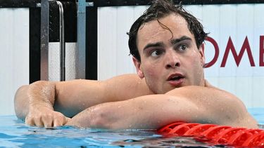 Netherlands' Nyls Korstanje reacts after competing in the semifinal of the men's 100m butterfly swimming event during the Paris 2024 Olympic Games at the Paris La Defense Arena in Nanterre, west of Paris, on August 2, 2024. 
Jonathan NACKSTRAND / AFP