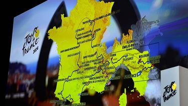 A photograph taken on October 25, 2023 shows a screen with the men's route on a map during the presentation of the official routes of the 2024 edition of the men's and women's Tour de France cycling race in Paris. Organisers unveiled the 3,492 kilometre route for the men's 2024 Tour de France, which will start in the Italian city of Florence and, with Paris off limits as it prepares to host the Olympics, end on the French Riviera in Nice.
Anne-Christine POUJOULAT / AFP