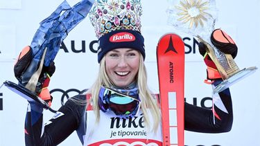 Winner USA's Mikaela Shiffrin celebrates on the podium after the women's Slalom event of the FIS Alpine Ski World Cup in Jasna, Slovakia, on January 21, 2024. 
VLADIMIR SIMICEK / AFP