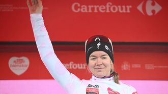 Third placed Team SD Worx Dutch rider Anna van der Breggen celebrates on the podium after the 7th stage of the 2025 La Vuelta Femenina cycling tour of Spain, a 152.6 km race from La Robla to Cotobello, on May 10, 2025. 
MIGUEL RIOPA / AFP