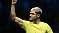 Spain's Carlos Alcaraz celebrates after winning the semifinal match against Canada's Felix Auger-Aliassime at the ATP Finals tennis tournament in Turin on November 15, 2025. 
Marco BERTORELLO / AFP