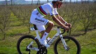 Alpecin-Deceuninck's Dutch rider Mathieu Van der Poel cycles during the 115th Milan-SanRemo one-day classic cycling race, between Pavia and SanRemo, on March 16, 2024. 
Marco BERTORELLO / AFP