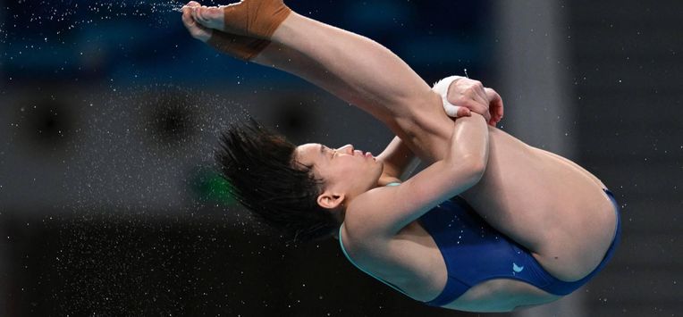 China’s Quan Hongchan competes in the women’s 10 meter platform event at the World Aquatics Diving World Cup Super Final, in the Water Cube in Beijing on May 3, 2025. 
GREG BAKER / AFP
