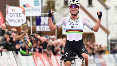 Belgium's Lotte Kopecky of SD Worx - Protime celebrates after winning the 'Nokere Koerse' elite women's one day cycling race, 127 km from Deinze to Nokere, on March 13, 2024.   
DAVID PINTENS / Belga / AFP