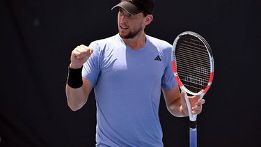 Austria's Dominic Thiem reacts during his men's singles match against Italy's Giulio Zeppieri at the Brisbane International tennis tournament in Brisbane on December 31, 2023. 
William WEST / AFP