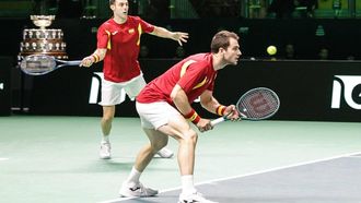 epa12537824 Spain's tennis players Marcel Granollers and Pedro Martinez in action during a doubles match against Czech tennis players Jakub Mensik and Tomas Machac at the Davis Cup 2025 Final 8 at Fiere Exhibition Centre in Bologna, Italy, 20 November 2025.  EPA/ELISABETTA BARACCHI