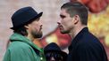 Ukraine's Oleksandr Usyk faces off with Netherlands' Rico Verhoeven (R) during a press conference, in east London on April 14, 2026, ahead of their WBC World Heavyweight Championship 'Glory in Giza' boxing match, taking place on May 23, 2026 in Egypt. 
CARLOS JASSO / AFP