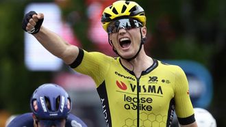 Team Visma-Lease a Bike's Dutch rider Olav Kooij celebrates after victory as he crosses the finish of the 12th stage of the 108th Giro d'Italia cycling race 172kms from Modena to Viadana on May 22, 2025. 
Luca Bettini / AFP