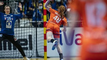 CASTELLON DE LA PLANA - De Nederlandse handbalster Dionne Housheer in actie tegen Katrine Lunde van Noorwegen tijdens de laatste groepswedstrijd in de hoofdronde van het WK handbal. Nederland moet bij de eerste twee landen in de groep eindigen om de kwartfinales te bereiken. ANP RONALD HOOGENDOORN