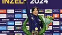 epa11207897 First placed Miho Takagi of Japan celebrates on the Overall Women’s Sprint podium at the ISU Speed Skating Allround World Championships in Inzell, Germany, 08 March 2024.  EPA/ANNA SZILAGYI