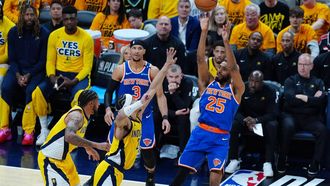epa12136071 New York Knicks guard Mikal Bridges (R) takes a shot against Indiana Pacers guard Andrew Nembhard (2-L) during the second half of game three of the Eastern Conference finals between the Indiana Pacers and the New York Knicks at the Gainbridge Fieldhouse in Indianapolis, Indiana, USA, 25 May 2025.  EPA/BRIAN SPURLOCK SHUTTERSTOCK OUT
