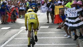 UAE Team Emirates team's Slovenian rider Tadej Pogacar wearing the overall leader's yellow jersey cycles during the 21st and final stage of the 111th edition of the Tour de France cycling race, a 33,7 km individual time-trial between Monaco and Nice on the French Riviera, on July 21, 2024. 
Marco BERTORELLO / AFP