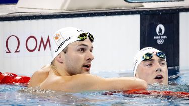 PARIJS - Arno Kamminga en Caspar Corbeau in actie tijdens de finale 100 meter schoolslag op de tweede van het olympische zwemtoernooi op de Olympische Spelen in Frankrijk. ANP KOEN VAN WEEL