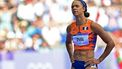 Netherlands' Tasa Jiya reacts after competing in the women's 200m heat of the athletics event at the Paris 2024 Olympic Games at Stade de France in Saint-Denis, north of Paris, on August 4, 2024. 
Martin  BERNETTI / AFP