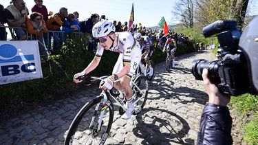 Slovenian Tadej Pogacar of UAE Team Emirates competes in the men's race of the Tour of Flanders one day cycling race, 268,9km from Brugge to Oudenaarde, on April 6, 2025. 
DIRK WAEM / Belga / AFP