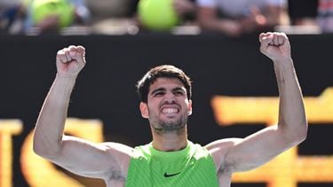 epa12678912 Carlos Alcaraz of Spain celebrates victory over Tommy Paul of the USA during their men’s fourth round match on day 8 of the 2026 Australian Open tennis tournament at Melbourne Park in Melbourne, Australia, 25 January 2026.  EPA/ROB PREZIOSO AUSTRALIA AND NEW ZEALAND OUT