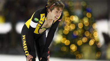 HEERENVEEN - Jorrit Bergsma reageert na de 5000 meter tijdens de eerste dag van het NK afstanden in Thialf. ANP VINCENT JANNINK
