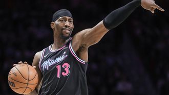 epa12767530 Miami Heat center Bam Adebayo gestures during the NBA basketball game between the Miami Heat and Memphis Grizzlies at the Kaseya Center in Miami, Florida, USA, 21 February 2026.  EPA/CRISTOBAL HERRERA-ULASHKEVICH  SHUTTERSTOCK OUT