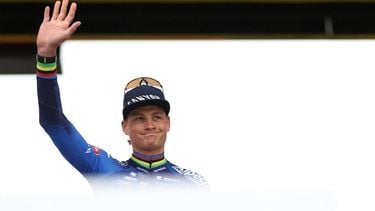 Alpecin-Premier Tech's Dutch rider Mathieu van der Poel stands on stage during the teams' presentations event on the eve of the 123rd edition of the Paris-Roubaix one-day classic cycling race, 258.3 km between Compiegne and Roubaix, in Compiegne, northern France, on April 11, 2026. 
Anne-Christine POUJOULAT / AFP